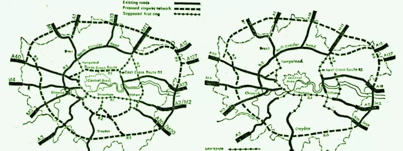 The original motorway network (left) and the slightly reduced network proposed by the GLC Conservatives in 1972. The diagram is from a local newspaper in Croydon, where the change received the widest coverage. Click to enlarge